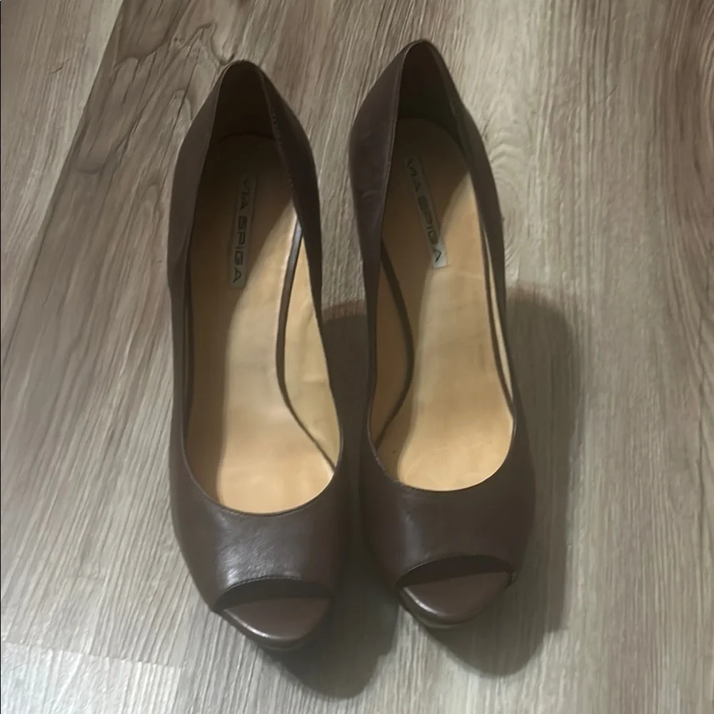 Via Spiga Brown Leather Peep-Toe Wedge Heels